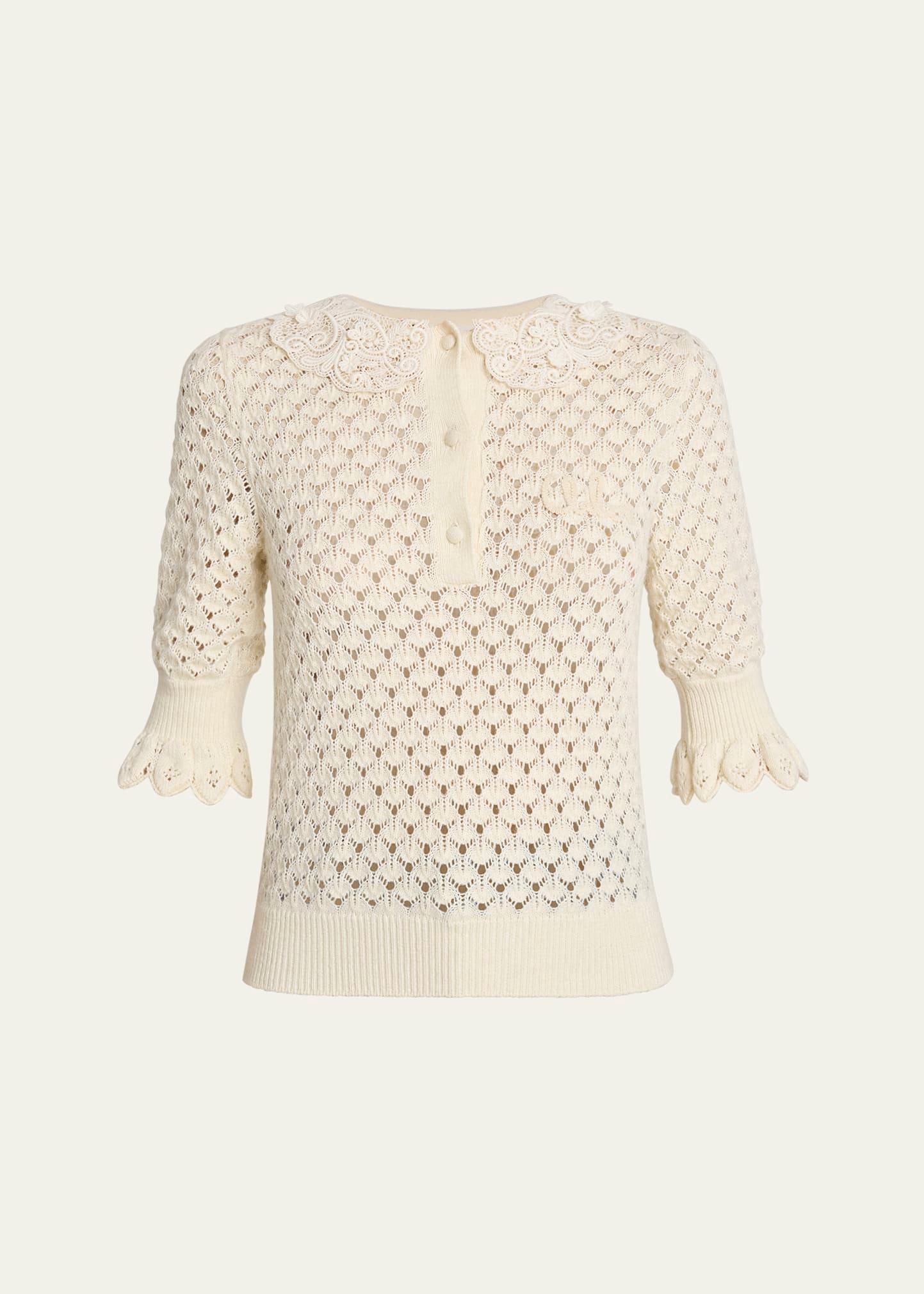 lace-collar open knit polo top