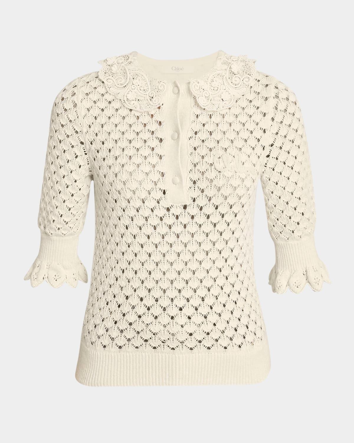lace-collar open knit polo top