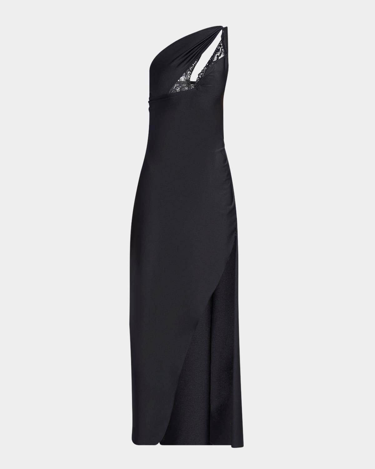 lace-cutout one-shoulder asymmetric maxi dress