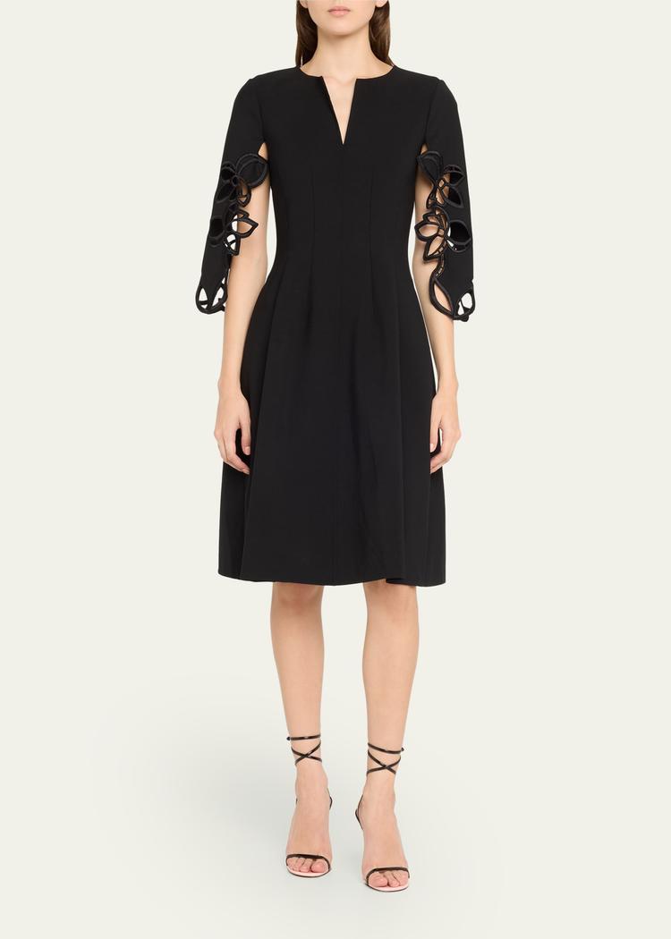lace embroidered three-quarter sleeve wool dress