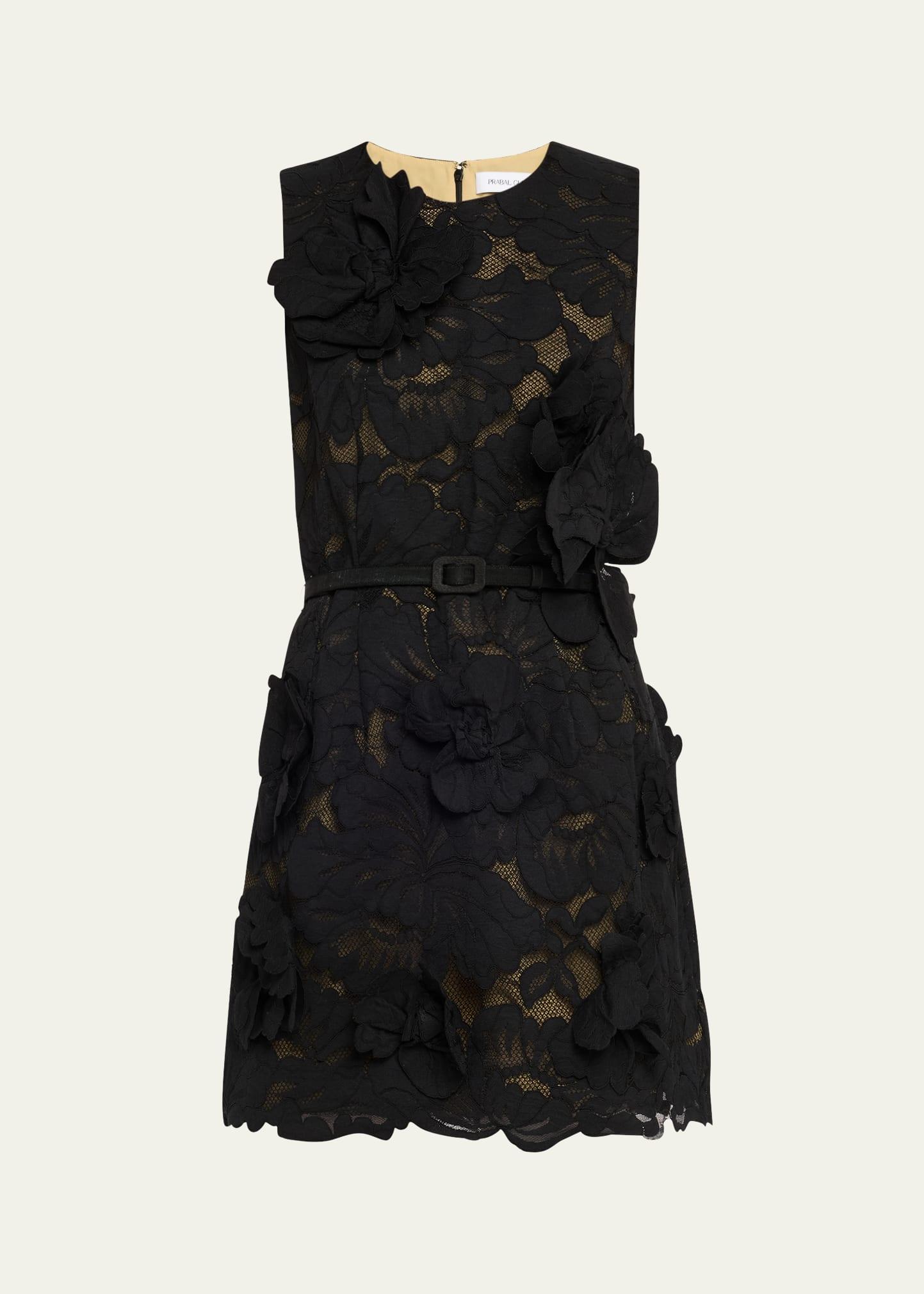 lace floral applique belted mini dress