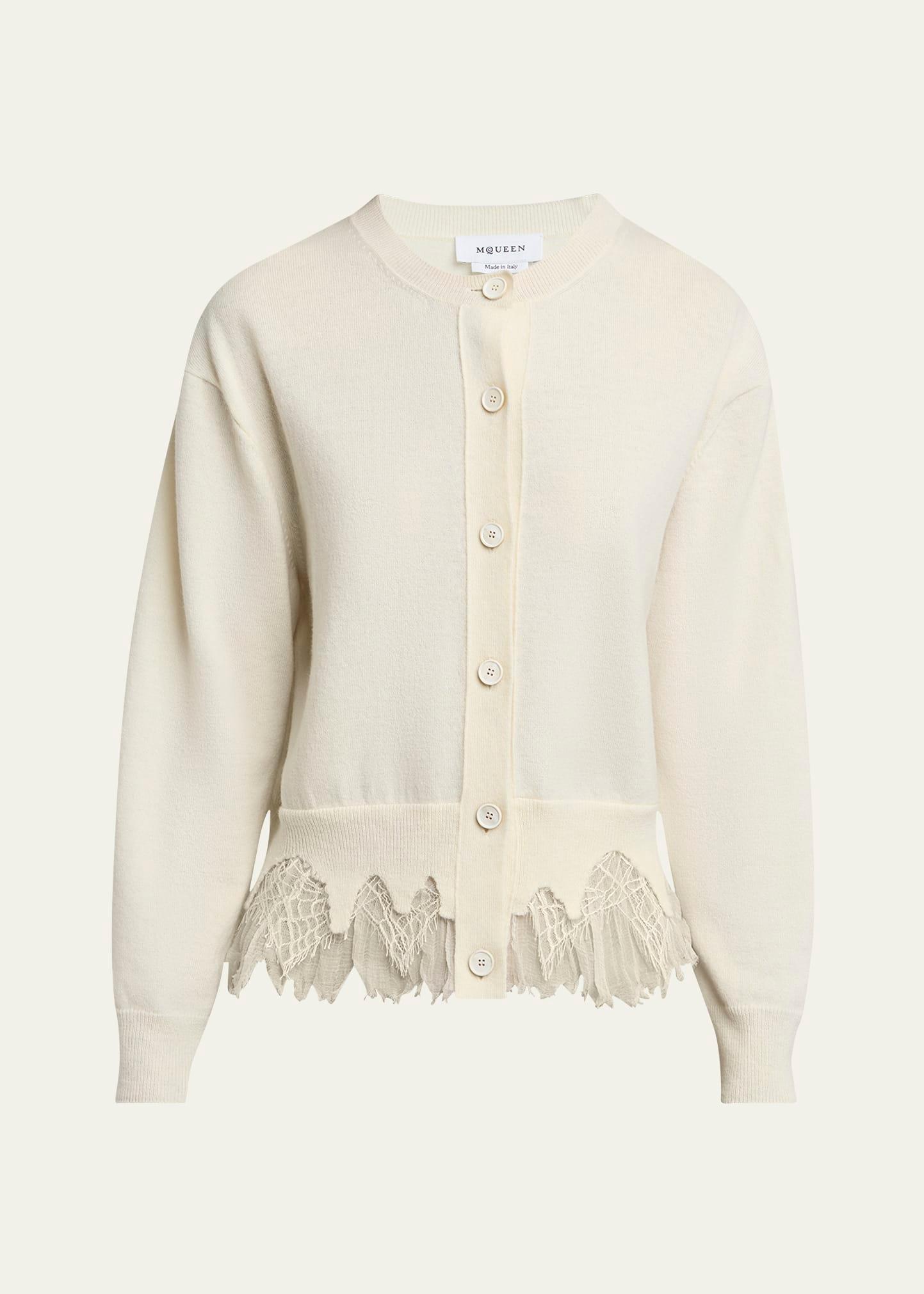 lace-hem cashmere crewneck cardigan