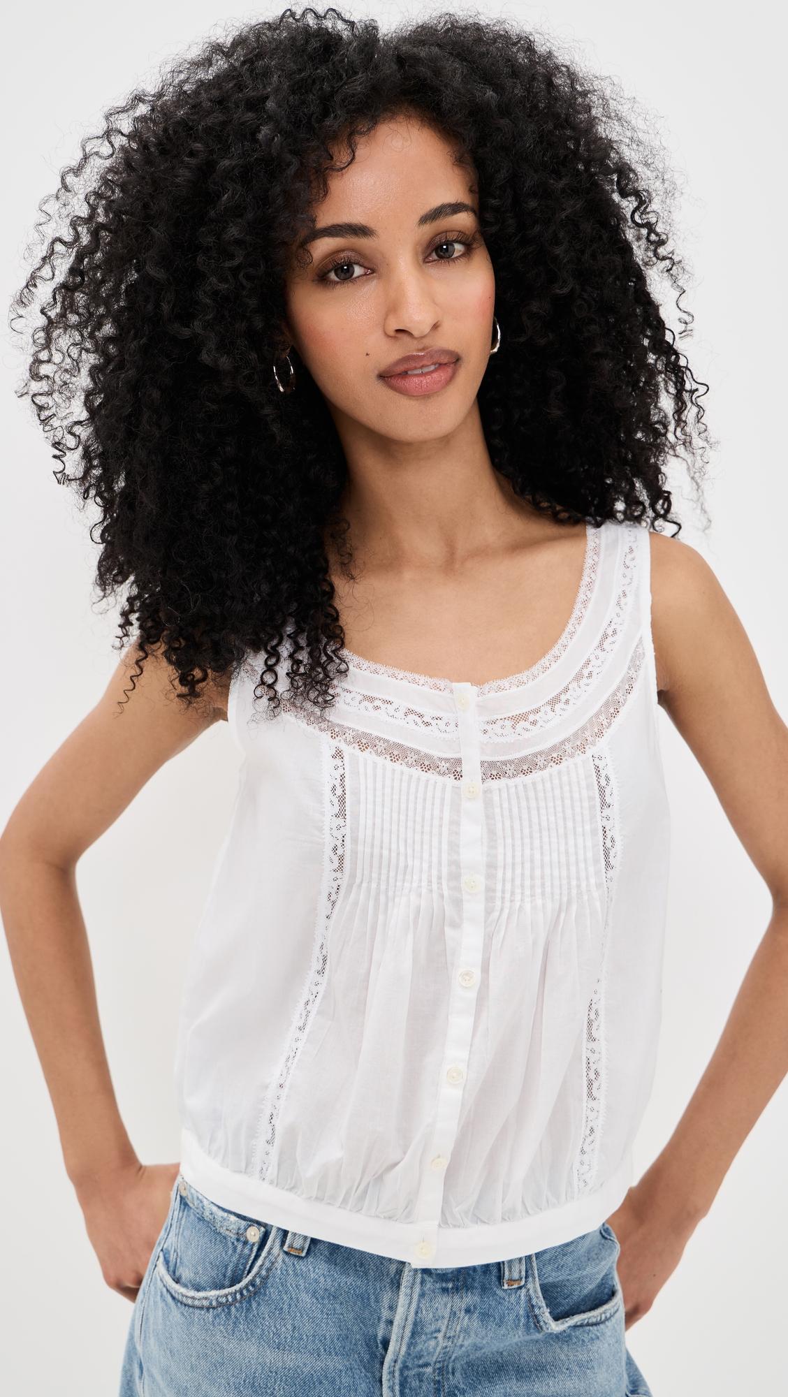 lace-insert pintuck sleeveless top