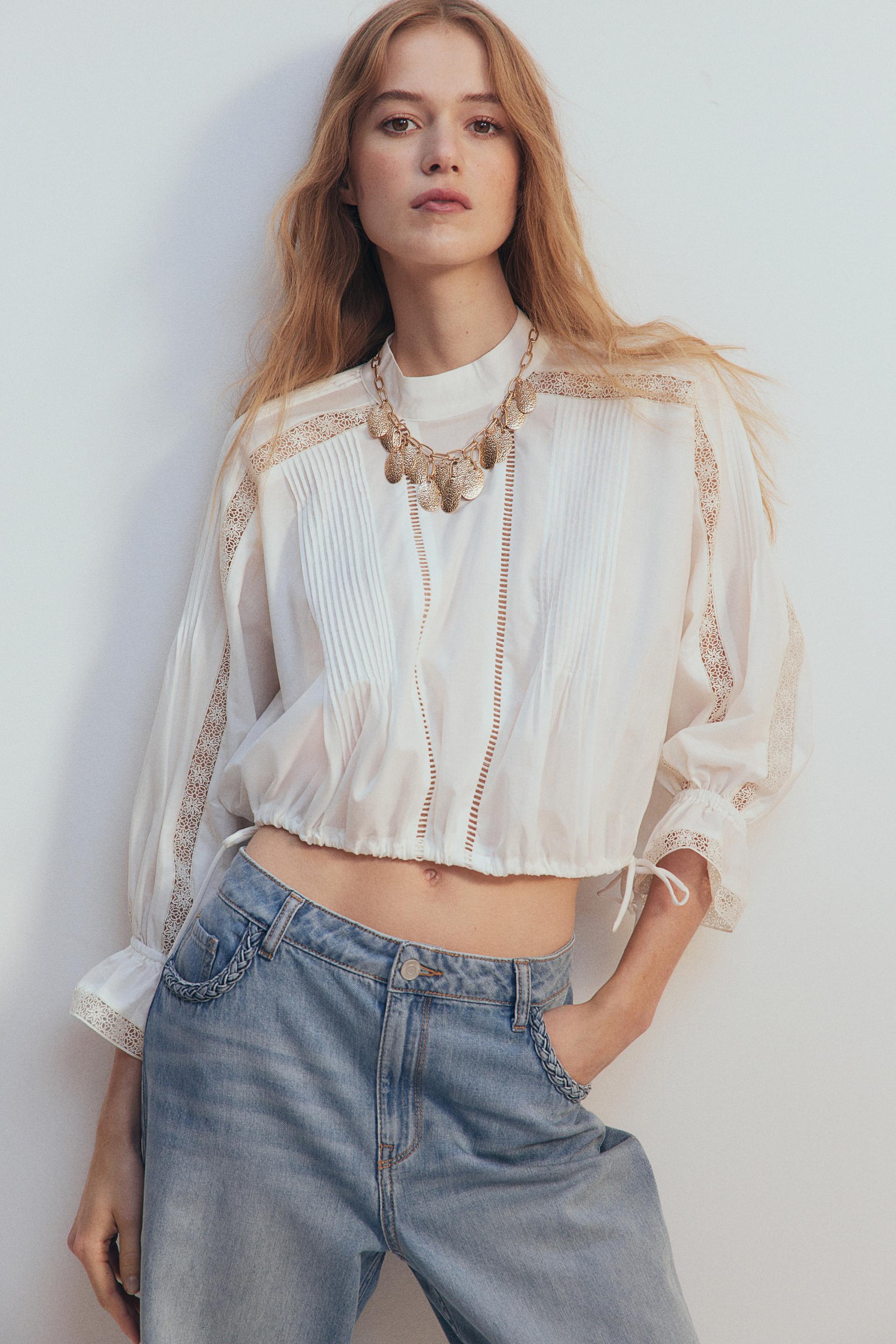 lace-inset cotton blouse