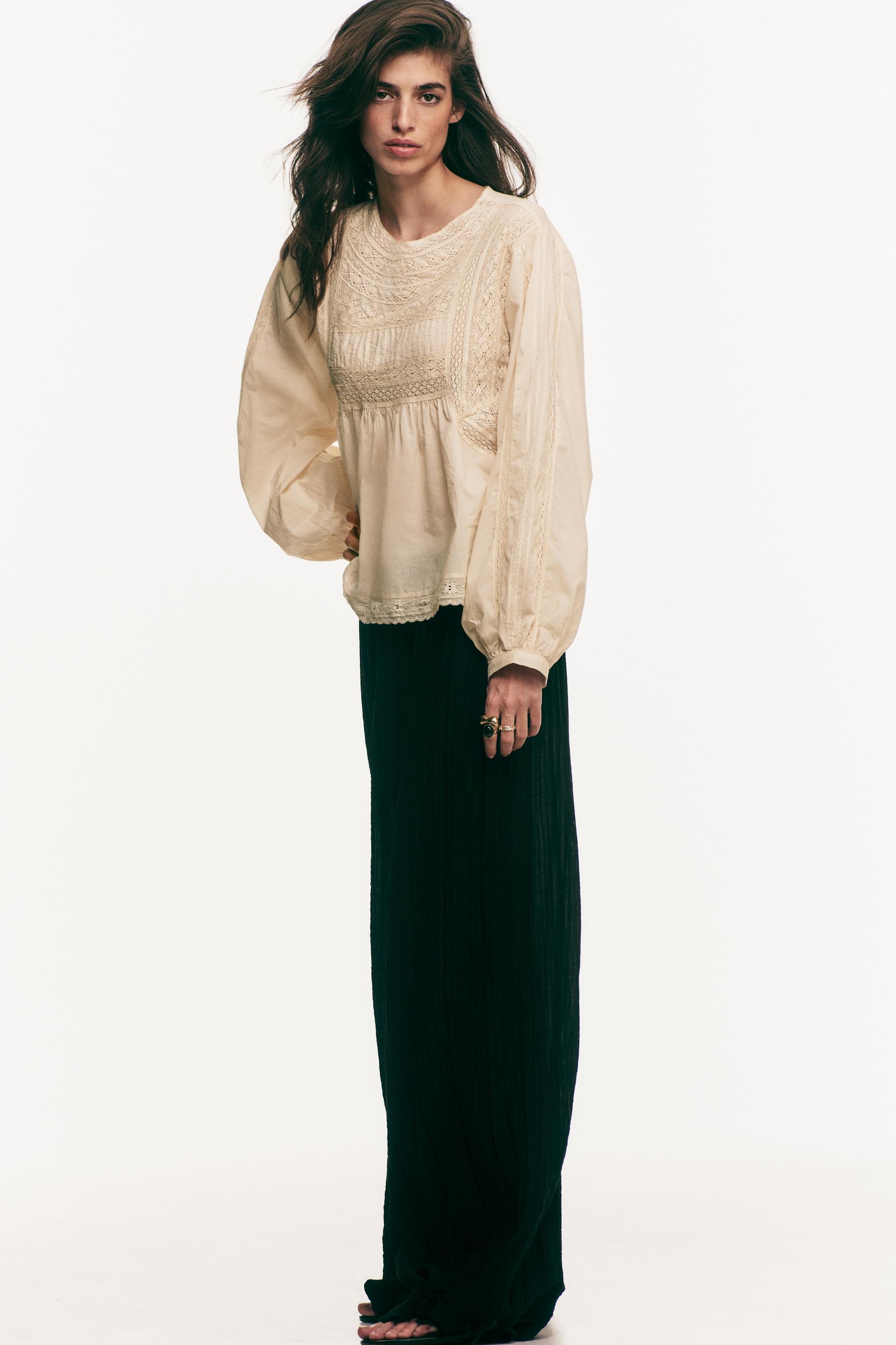 lace-inset cotton blouse