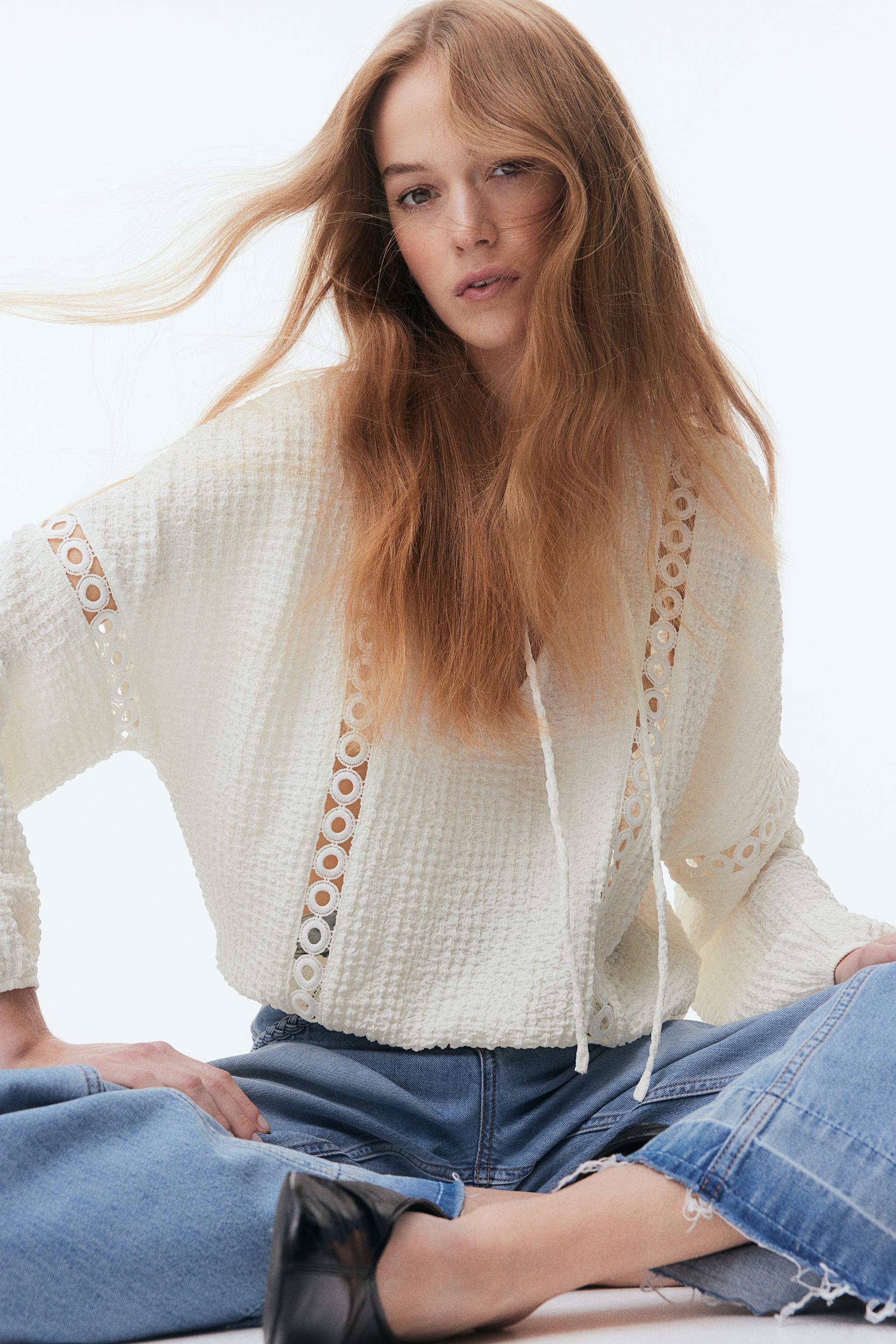 lace-inset crinkled blouse