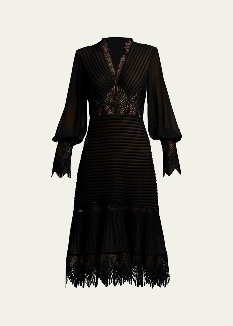 lace-inset pleated chiffon midi dress