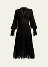 lace-inset pleated chiffon midi dress
