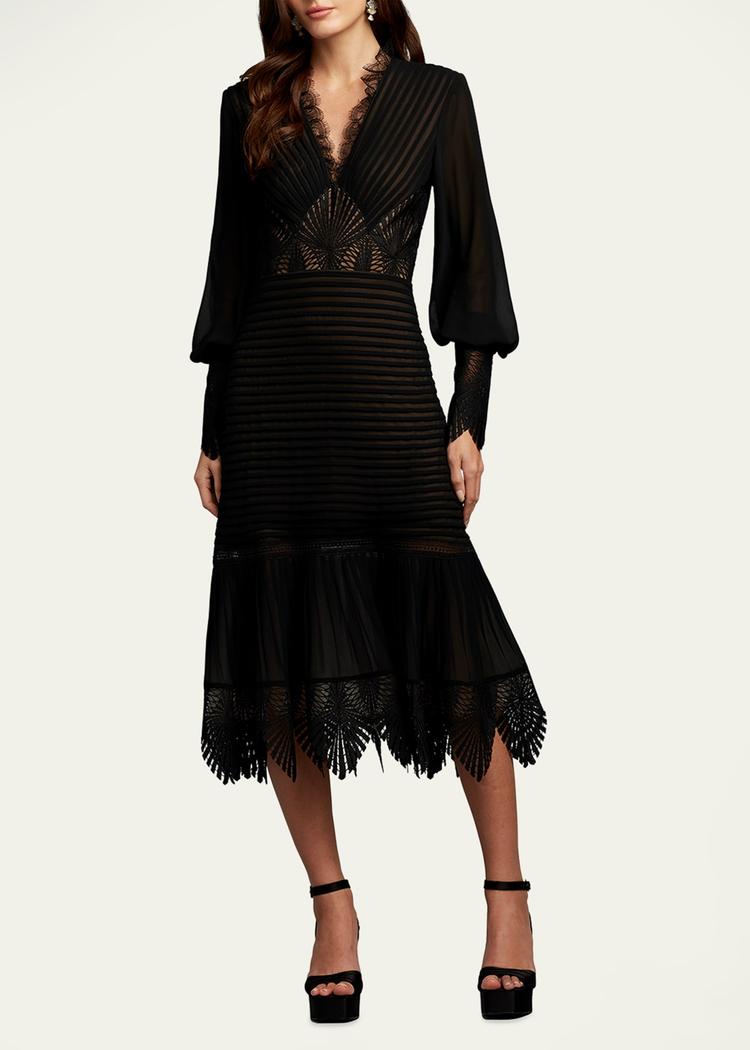 lace-inset pleated chiffon midi dress