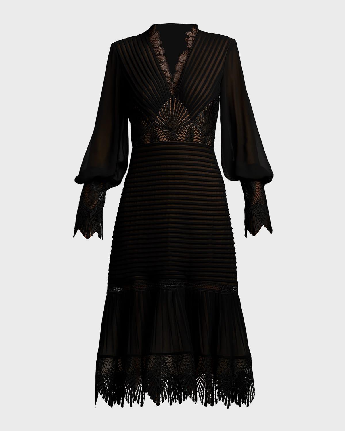 lace-inset pleated chiffon midi dress
