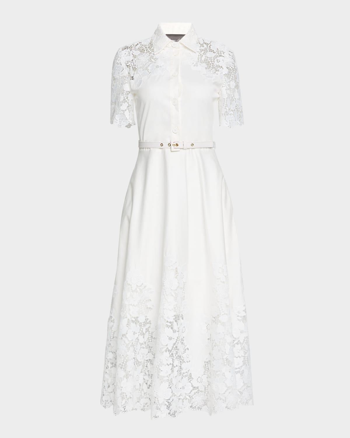lace-inset short-sleeve cotton midi shirtdress