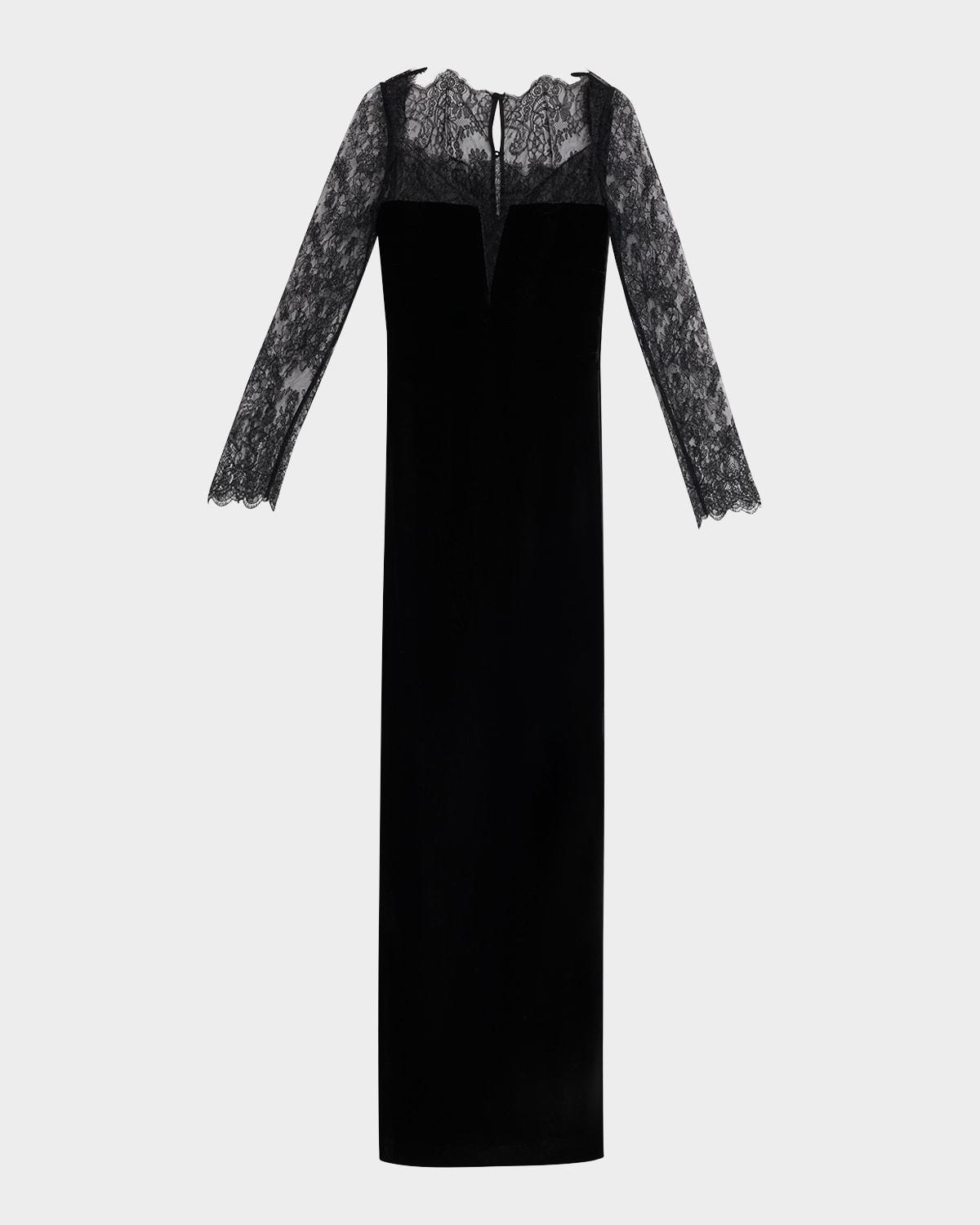 lace long-sleeve velvet column gown