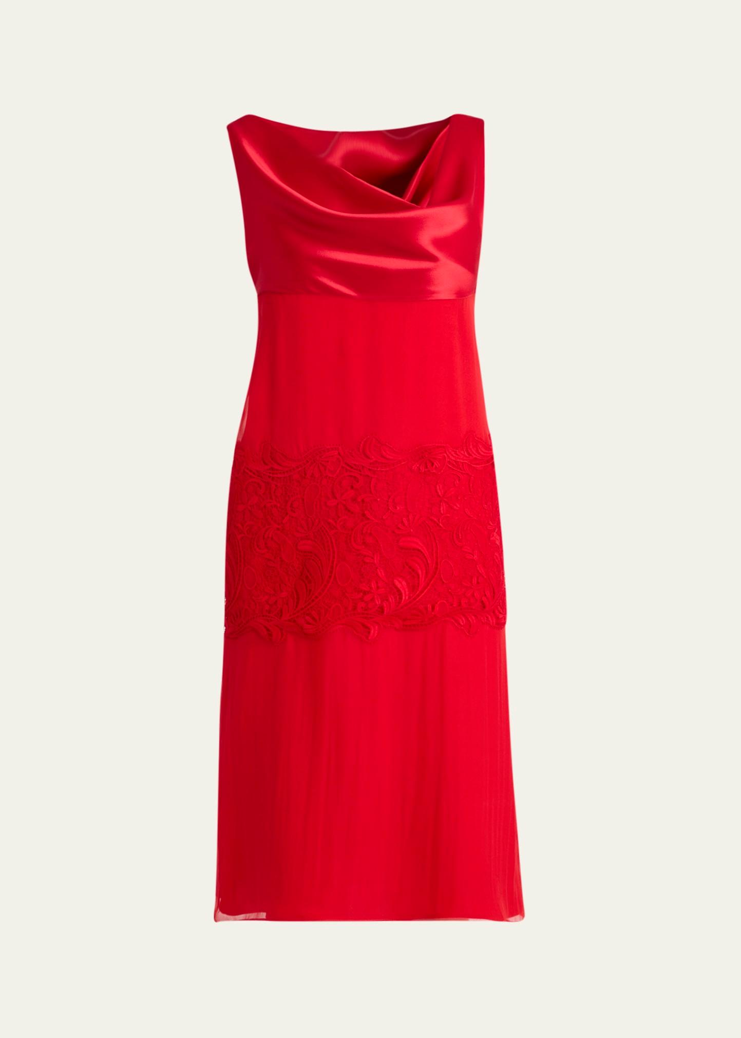 lace-panel silk chiffon midi dress