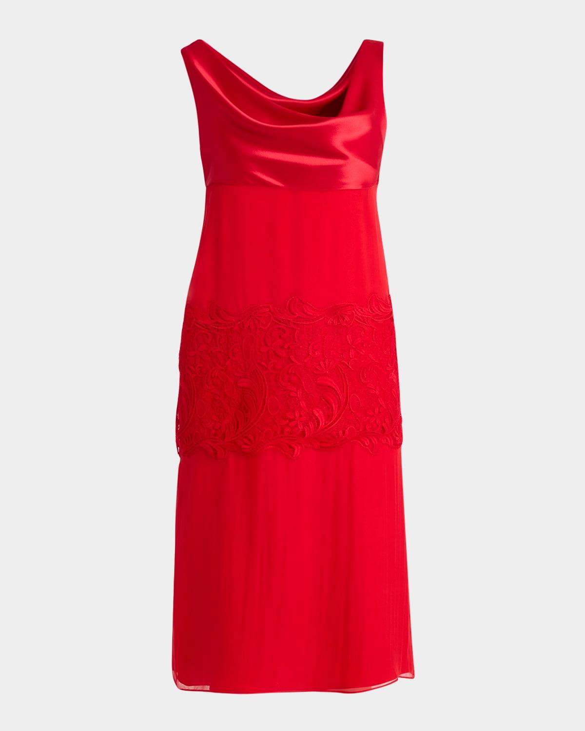 lace-panel silk chiffon midi dress