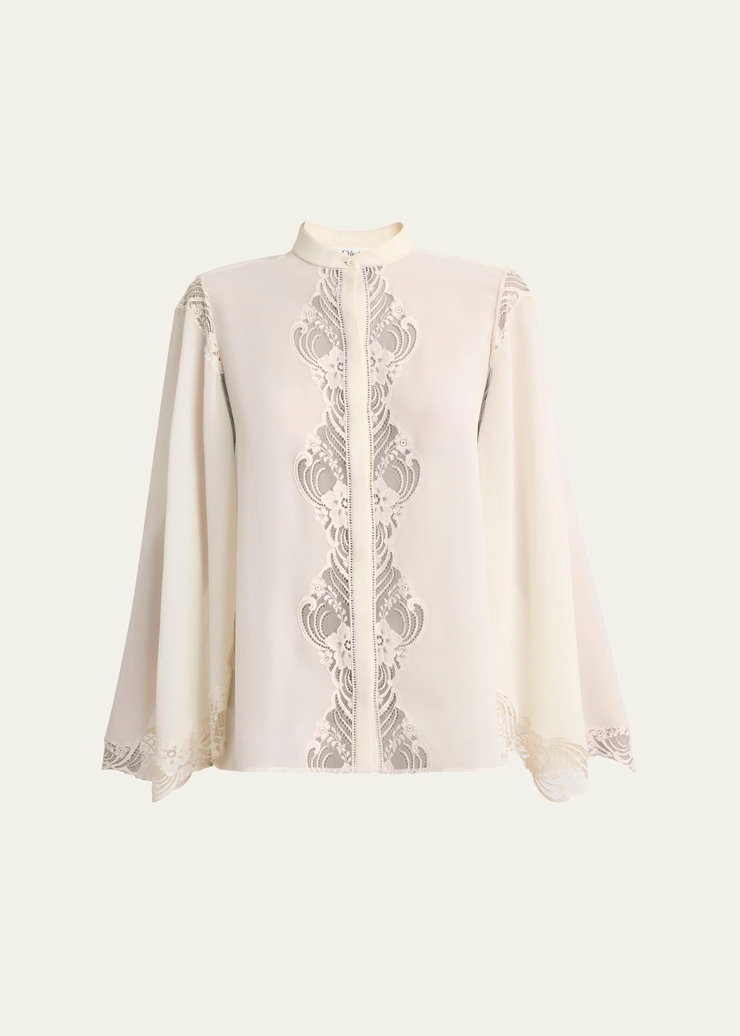 lace placket tulip-sleeve silk blouse