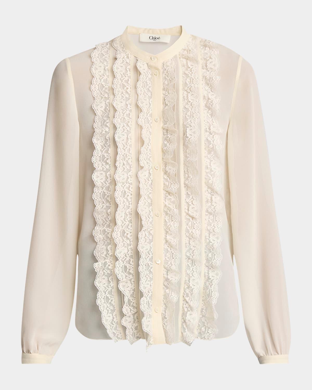 lace-ruffle bib silk button-down top