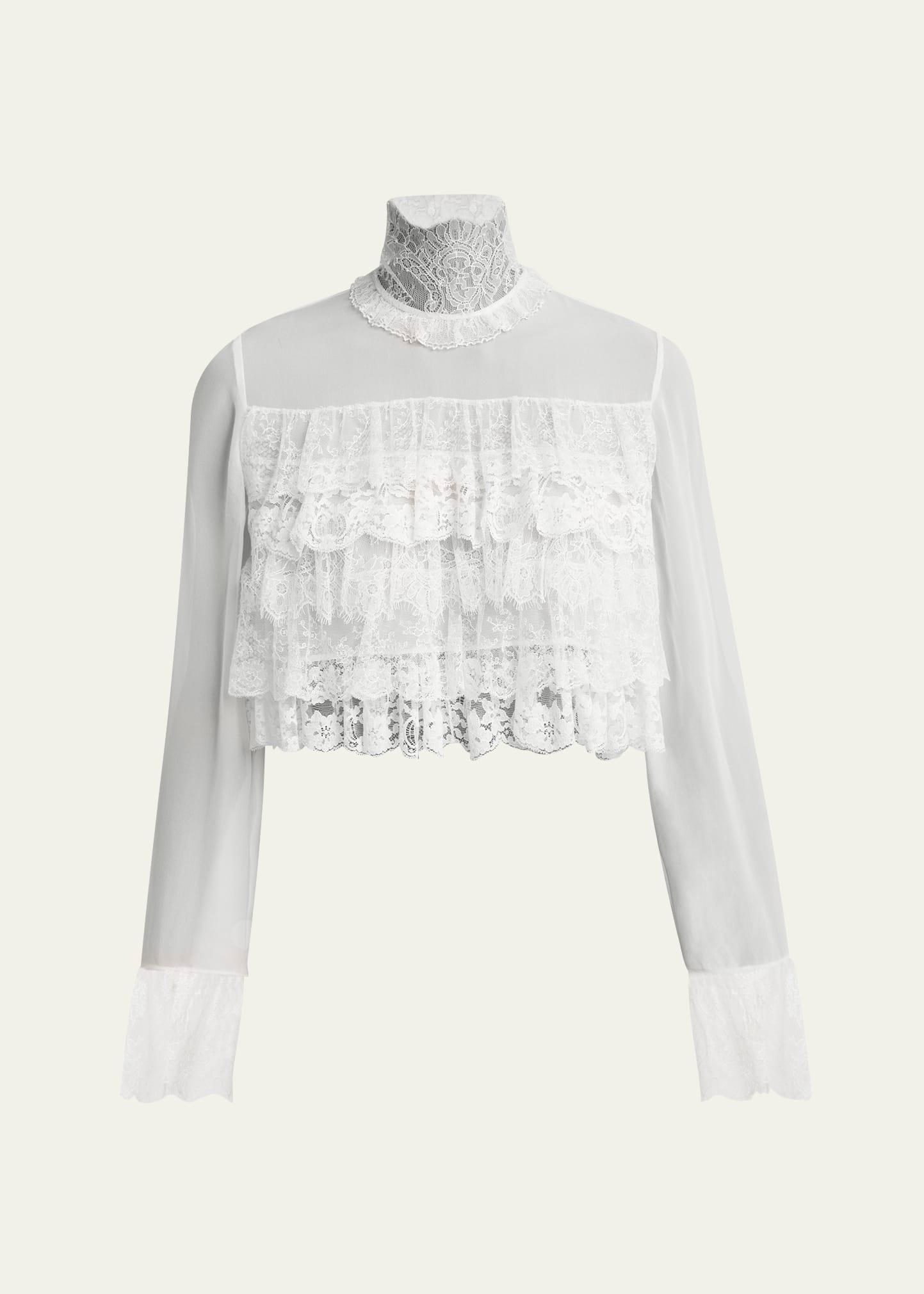 lace ruffle long-sleeve silk crop top