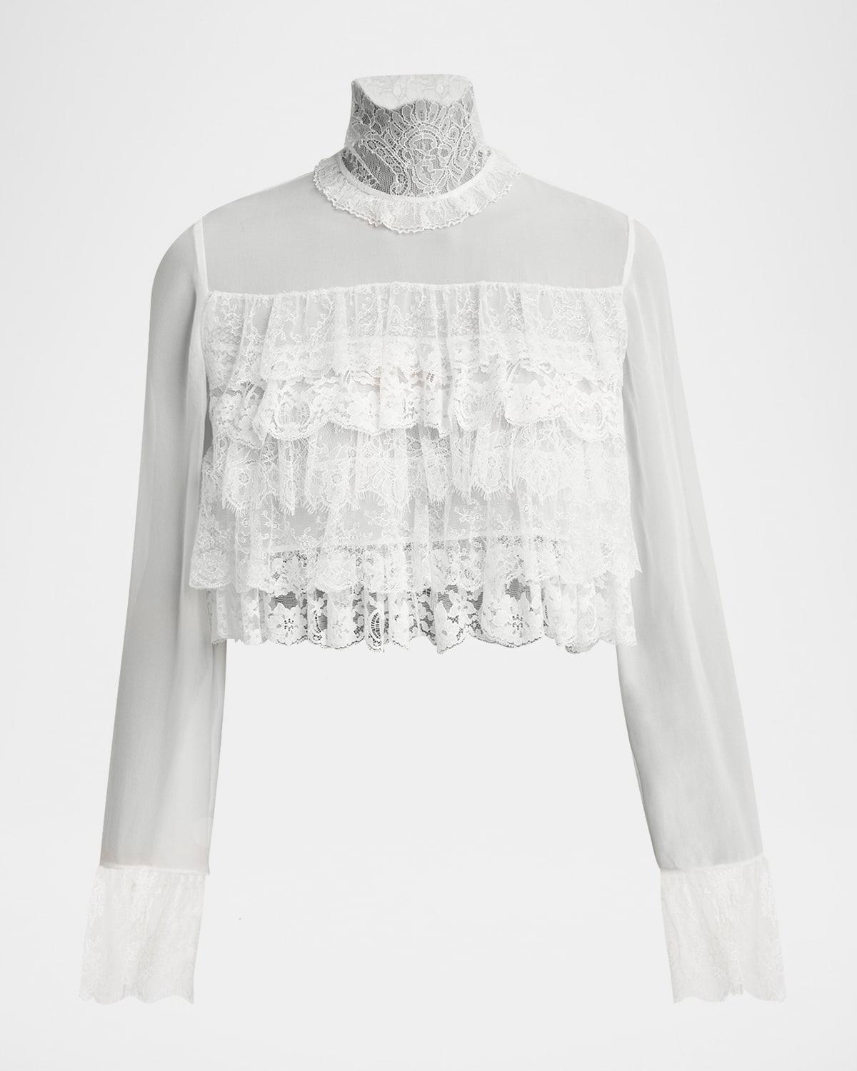 lace ruffle long-sleeve silk crop top