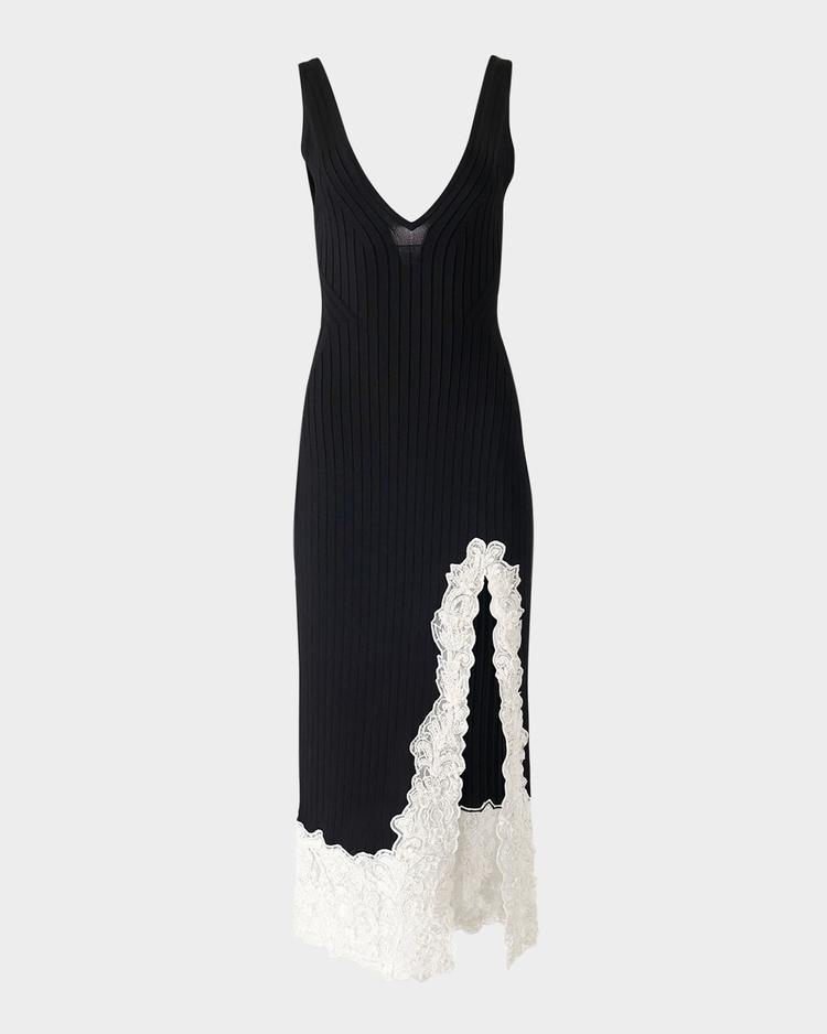 lace-slit rib slip dress