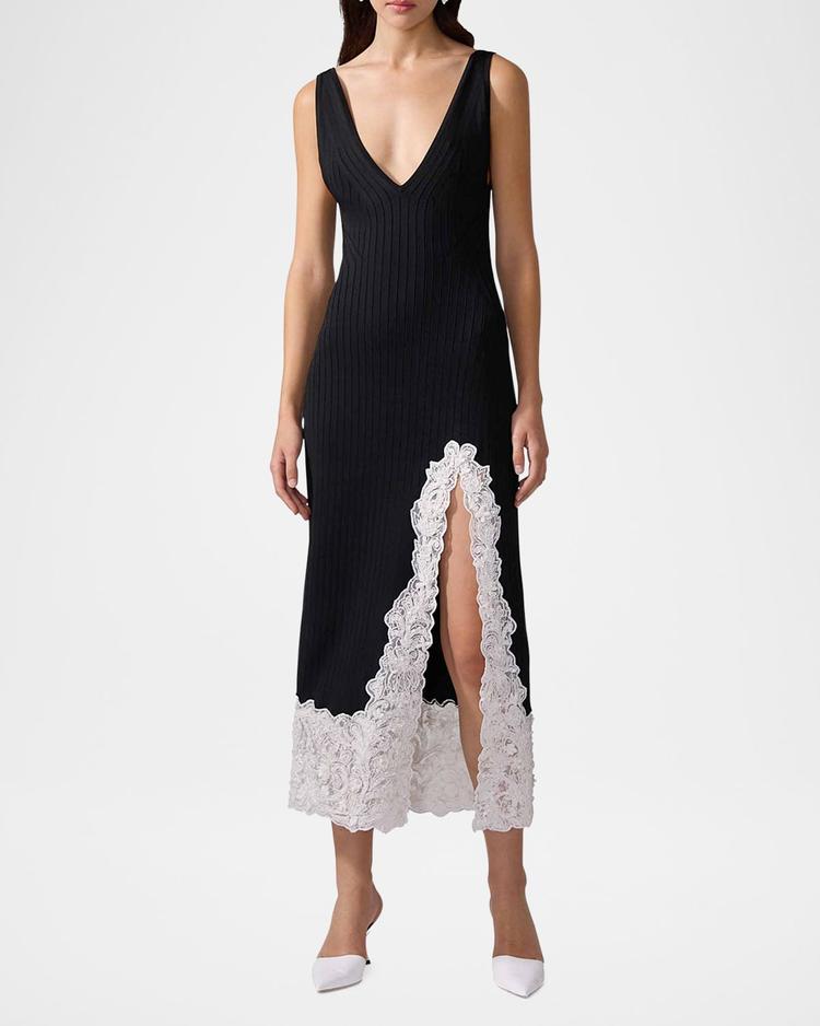 lace-slit rib slip dress