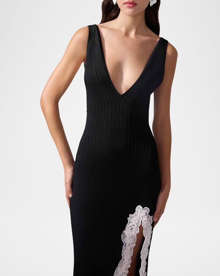 lace-slit rib slip dress