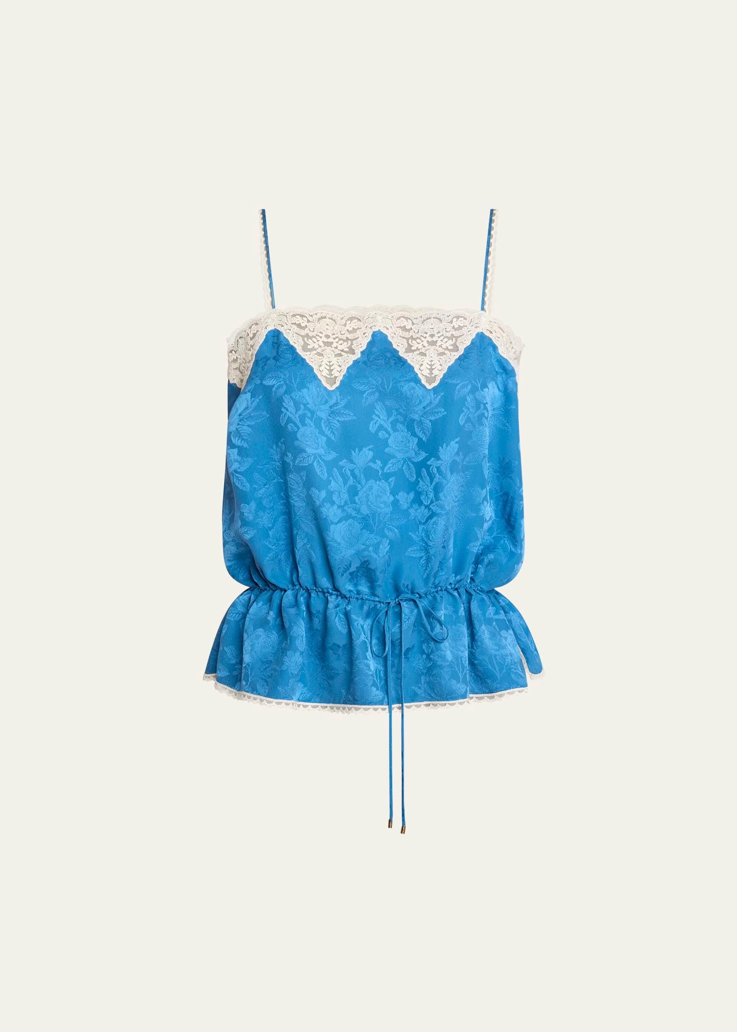 lace-trim floral silk jacquard camisole top