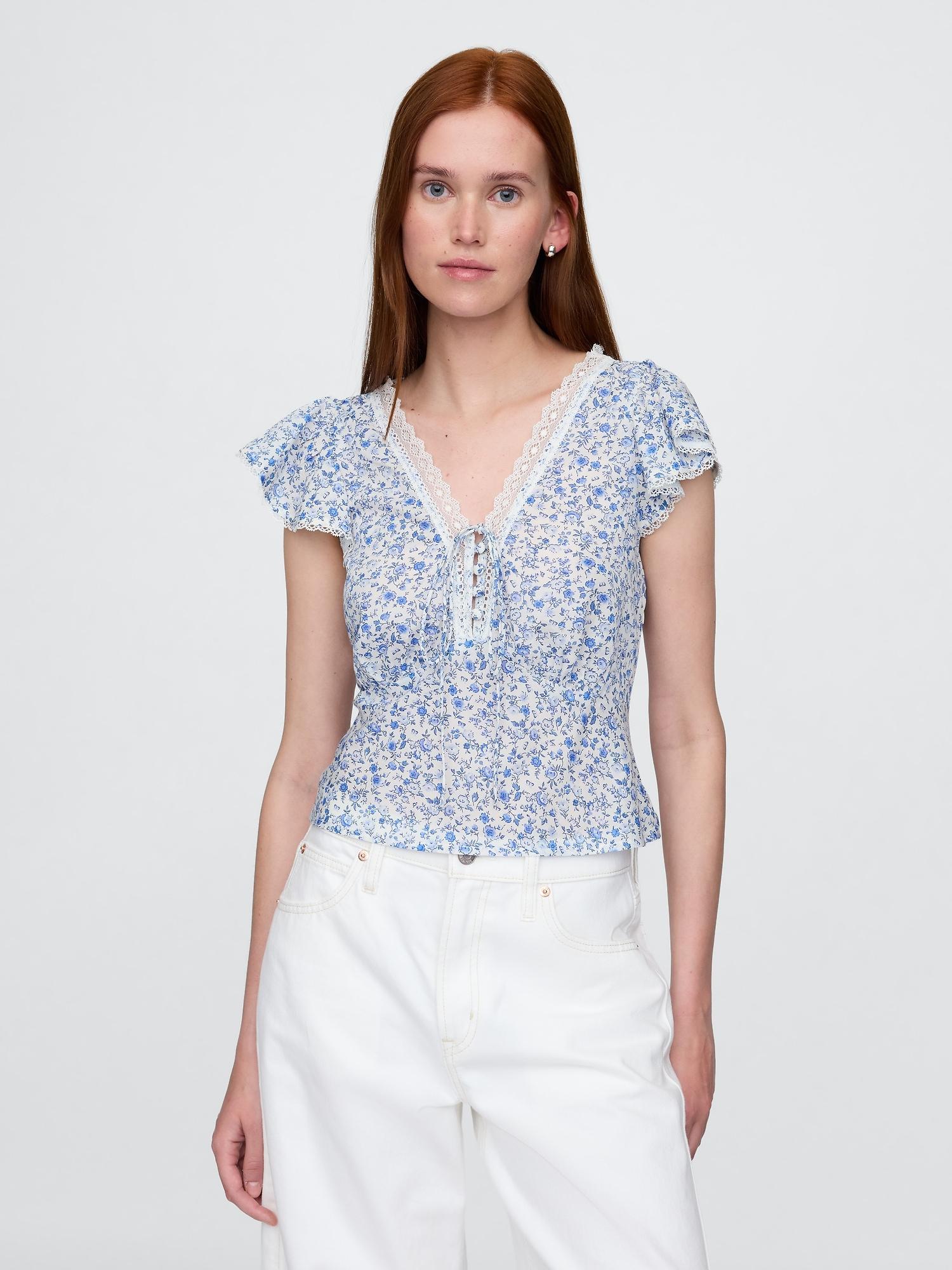 lace-trim floral top