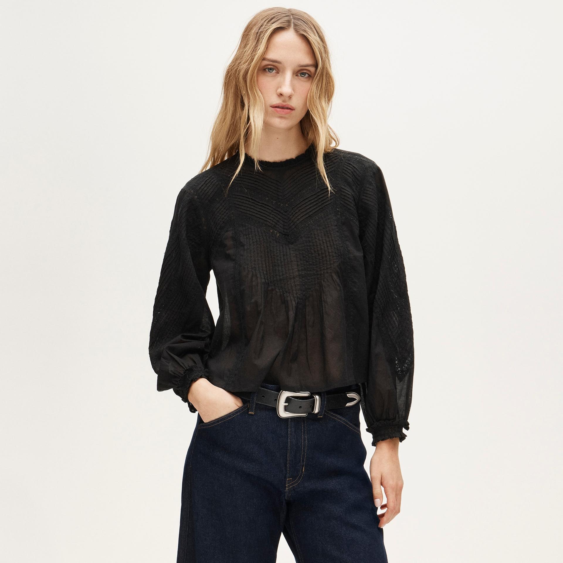 lace-trim pintuck top in cotton voile