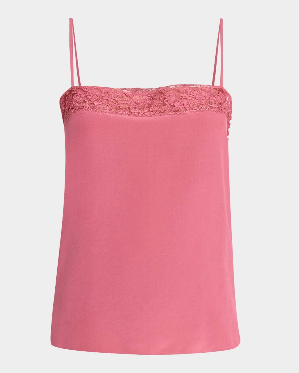 lace-trim silk button-side cami tank