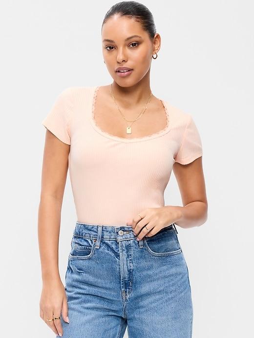lace-trim sweetheart-neck ribbed top