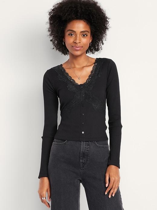lace-trim v-neck ribbed top