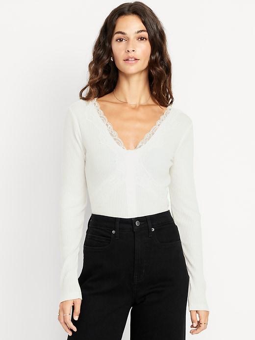lace-trim v-neck ribbed top