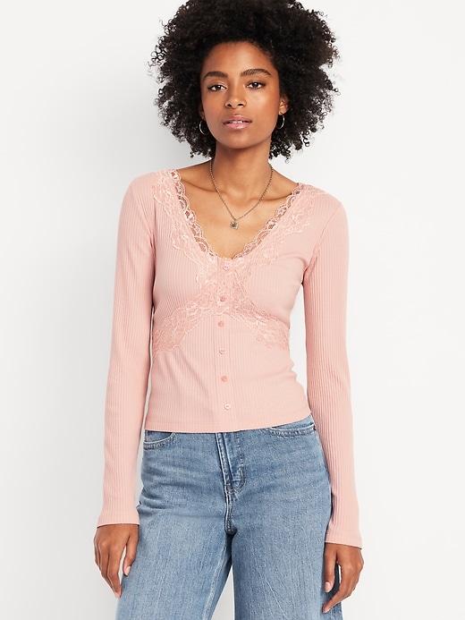 lace-trim v-neck ribbed top