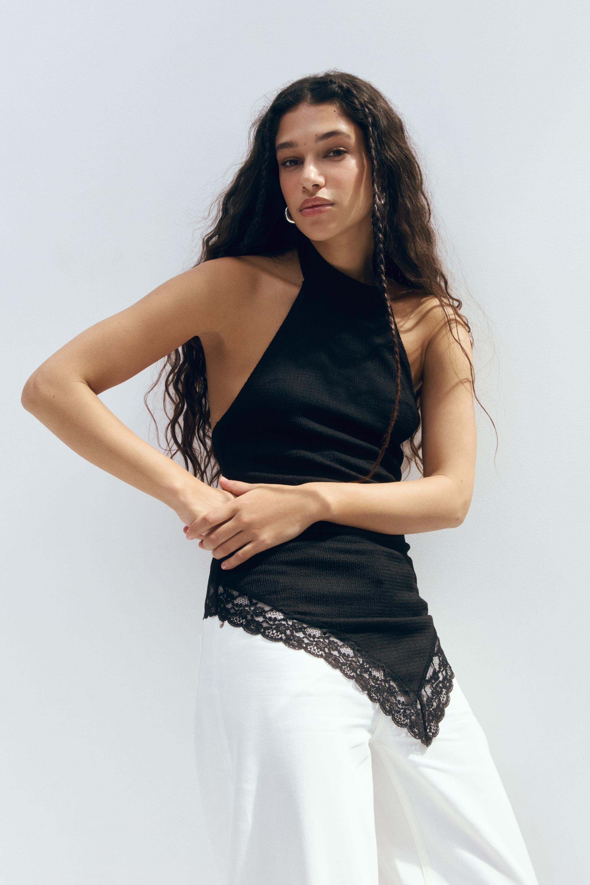 lace-trimmed halterneck top