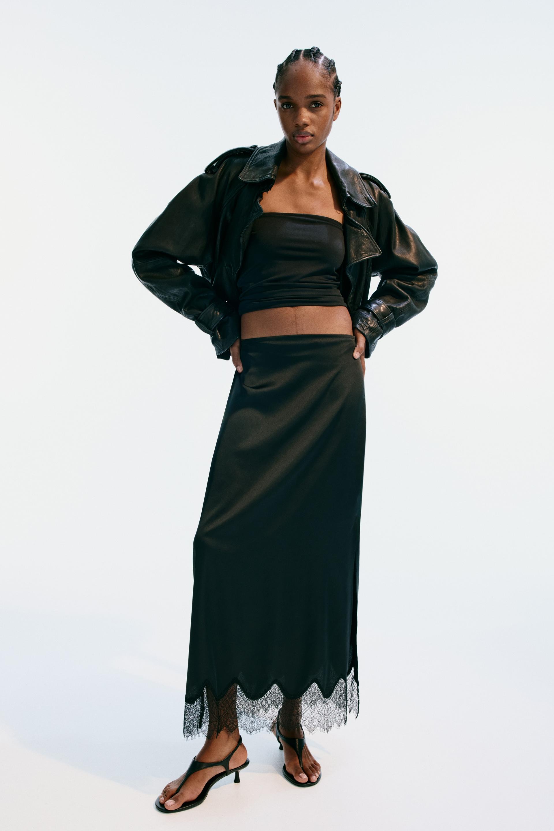 lace-trimmed satin skirt