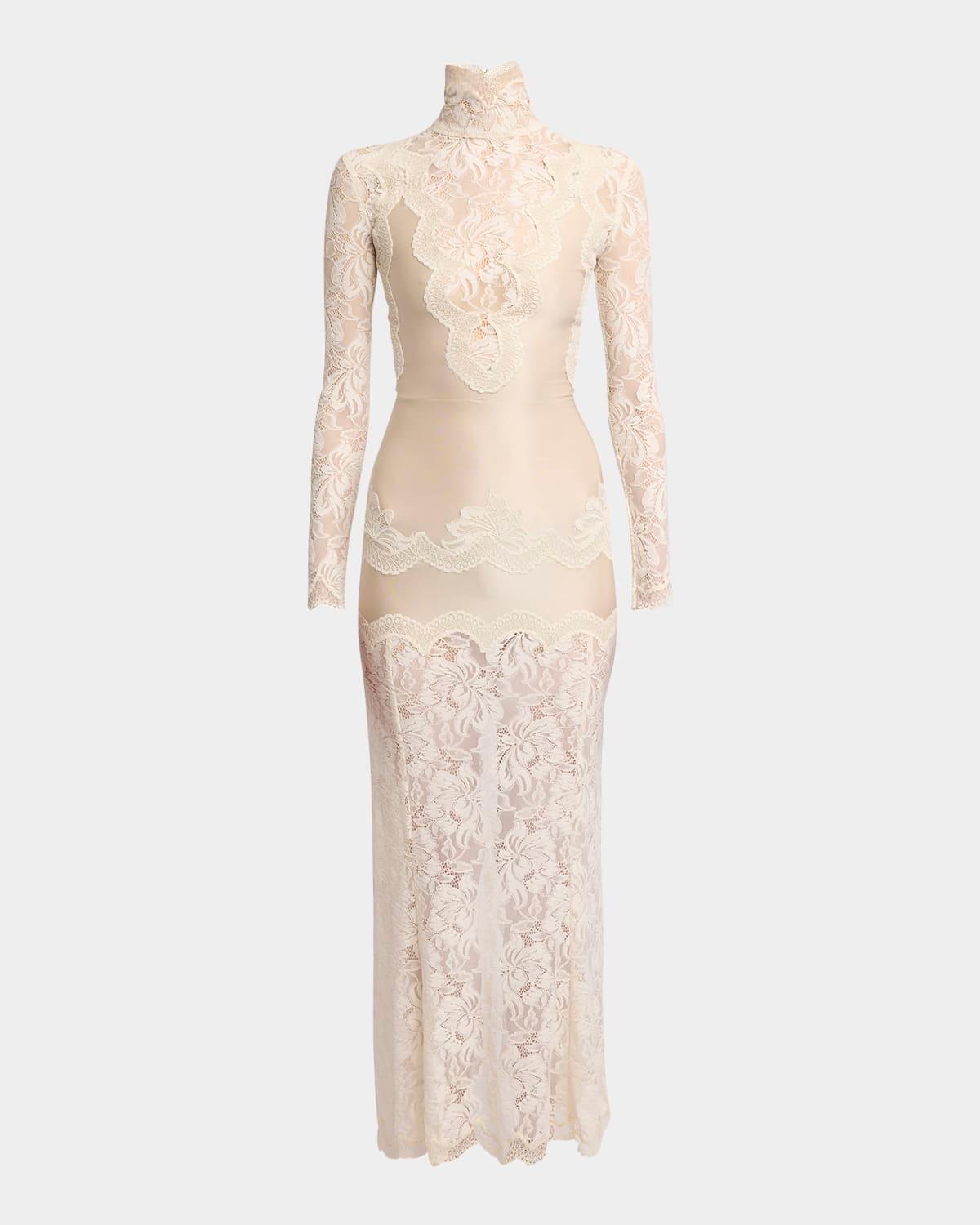 lace turtleneck long-sleeve illusion maxi dress