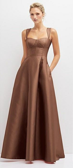 lace-up back bustier satin dress with full skirt and pockets