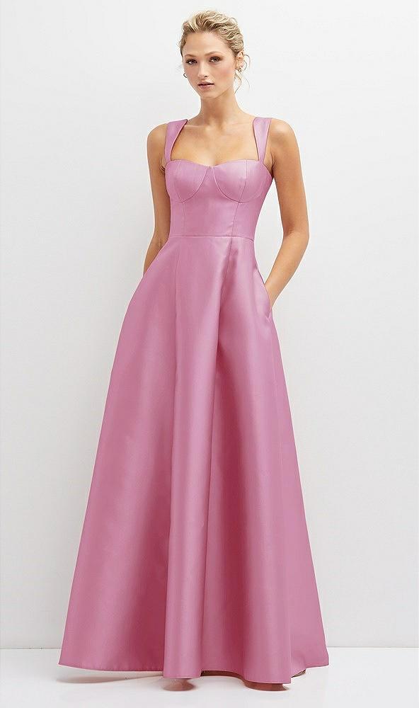 lace-up back bustier satin dress with full skirt and pockets
