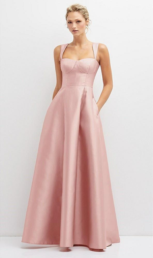 lace-up back bustier satin dress with full skirt and pockets