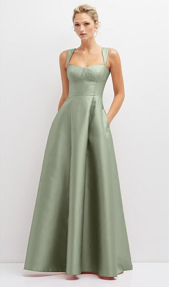 lace-up back bustier satin dress with full skirt and pockets