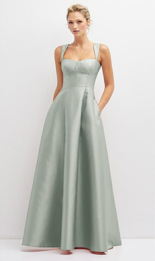 lace-up back bustier satin dress with full skirt and pockets