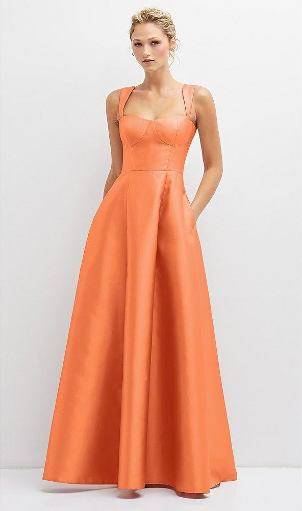 lace-up back bustier satin dress with full skirt and pockets