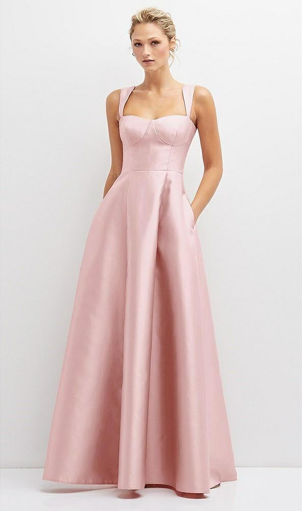 lace-up back bustier satin dress with full skirt and pockets