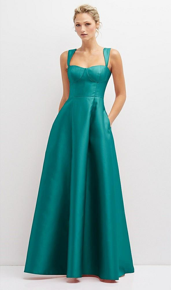 lace-up back bustier satin dress with full skirt and pockets