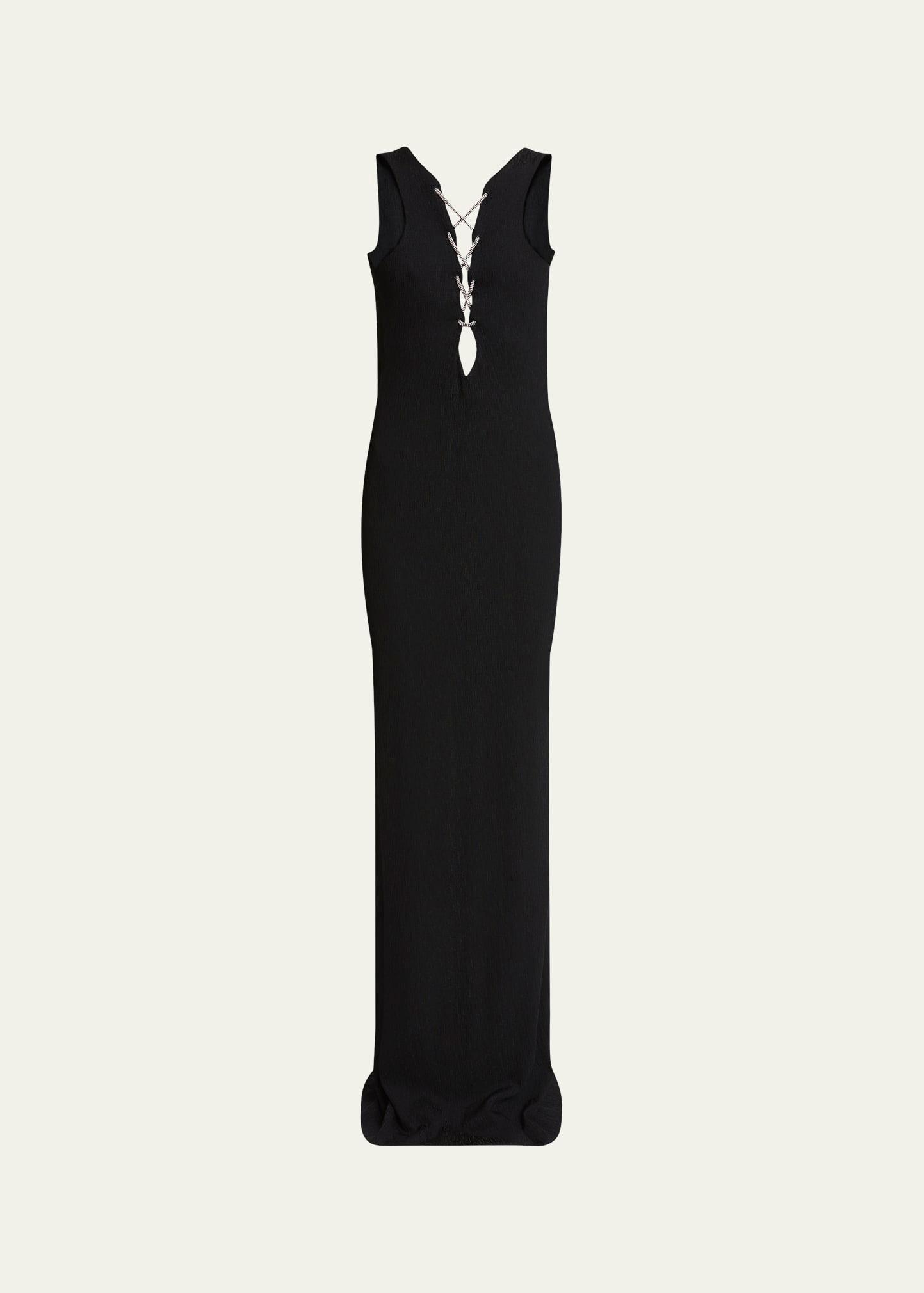 lace-up draped backless column gown