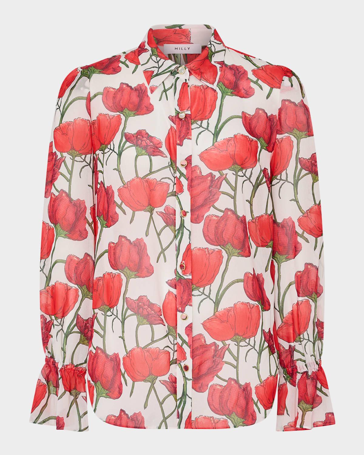 lacey peony button-front blouse
