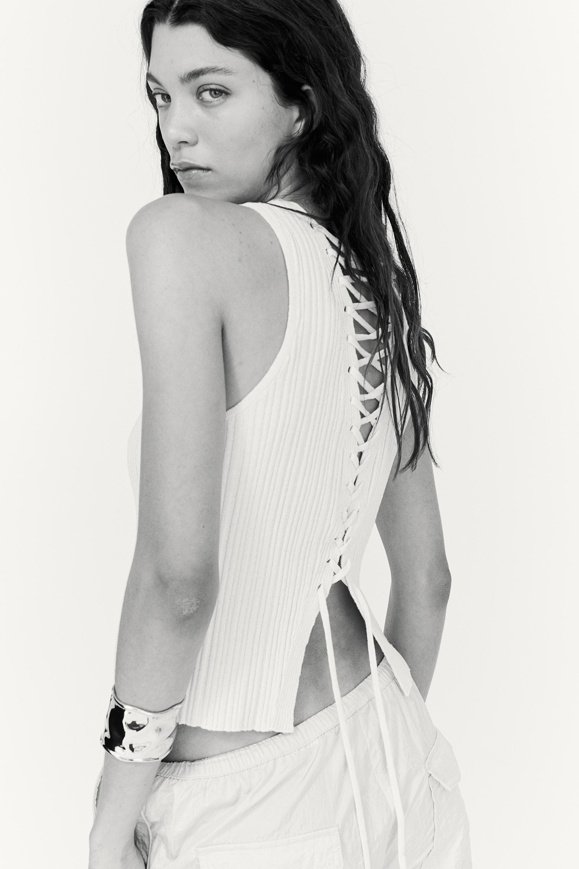 lacing-detail rib-knit tank top