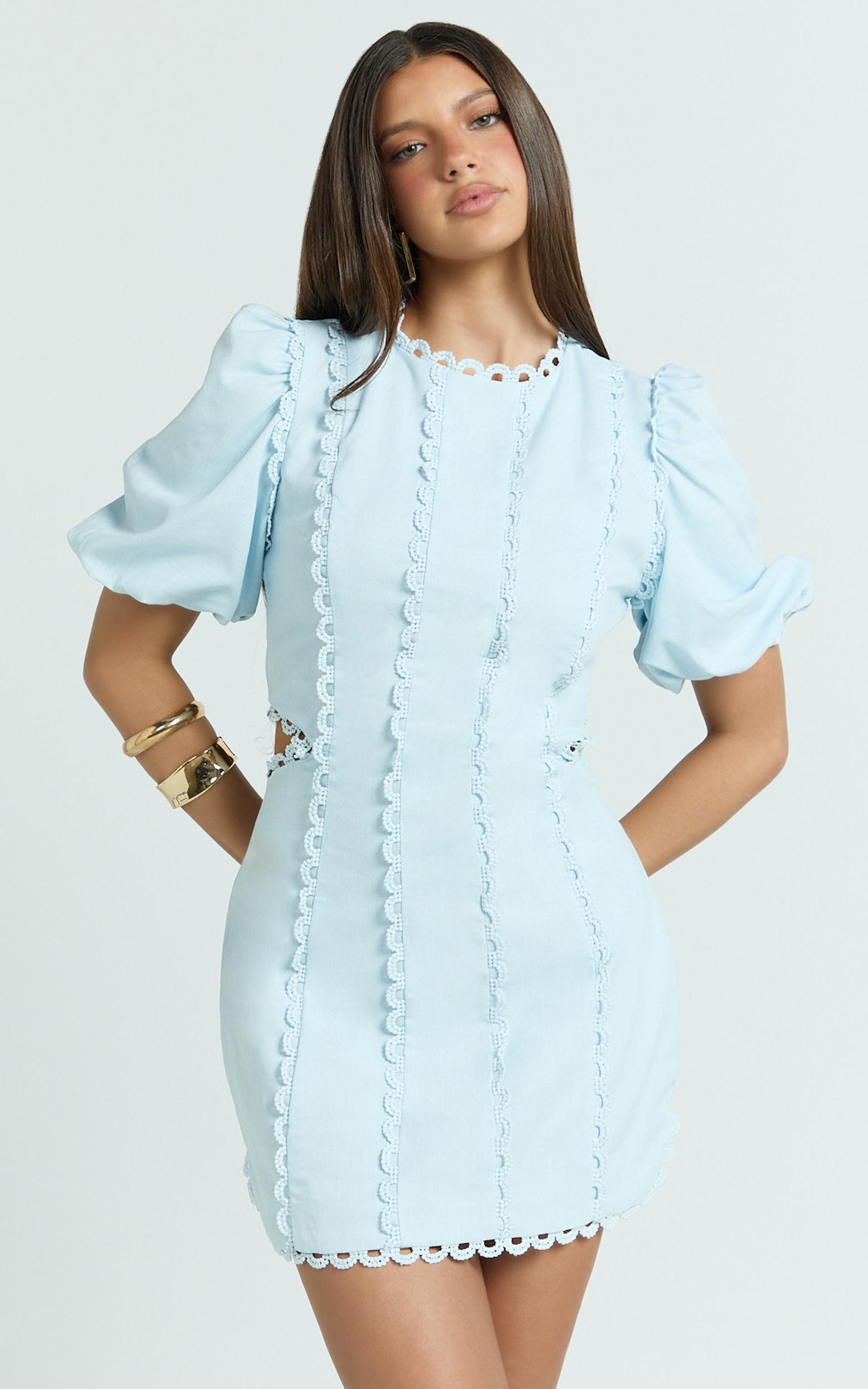 laila mini linen blend dress - high neck side cut out puff sleeve straight dress in blue