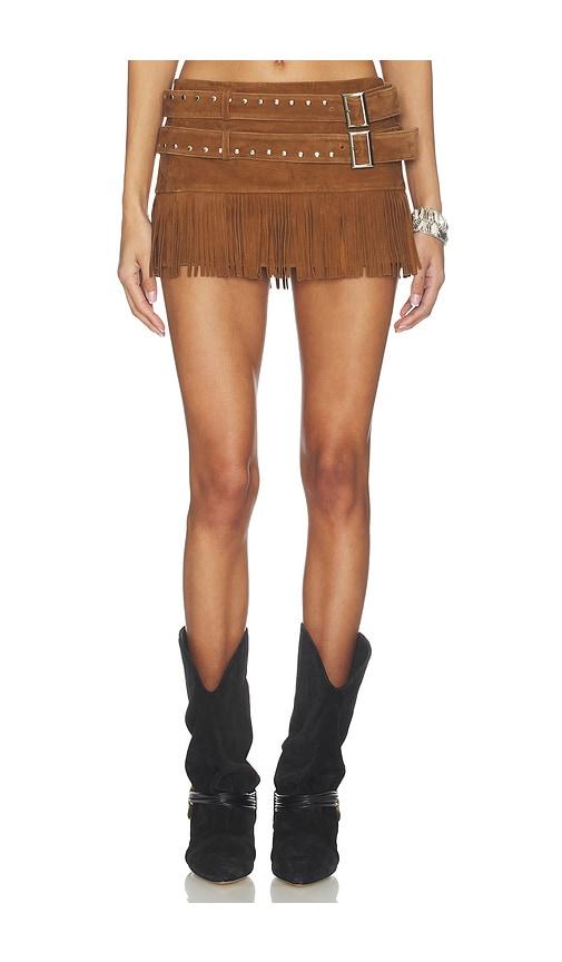 lamarque isa double belted micro suede skirt in cognac.