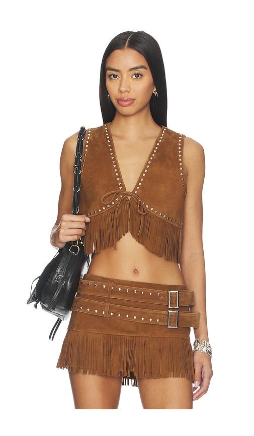 lamarque reina fringed suede vest in cognac.